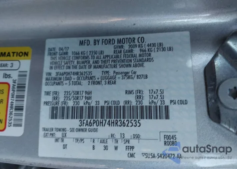 2017 Ford Fusion Se из США, поврежденный, VIN 3FA6P0H74HR362535